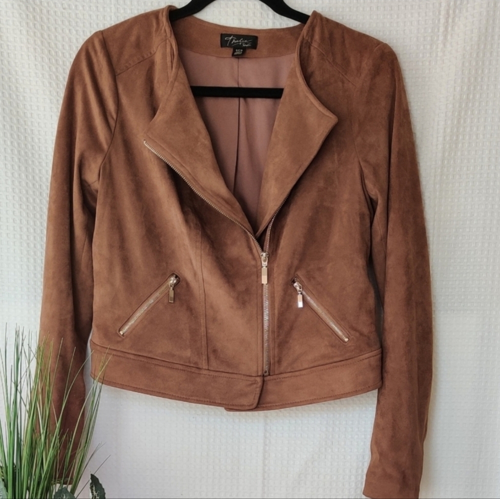 Thalia Sodi Women's Faux Suede Camel/Tan Moto Jacket  Size Small
